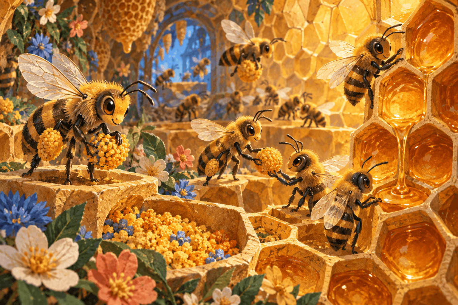 Colmeia ilustrada, com abelhas trabalhando juntas entre favos, flores e pólen